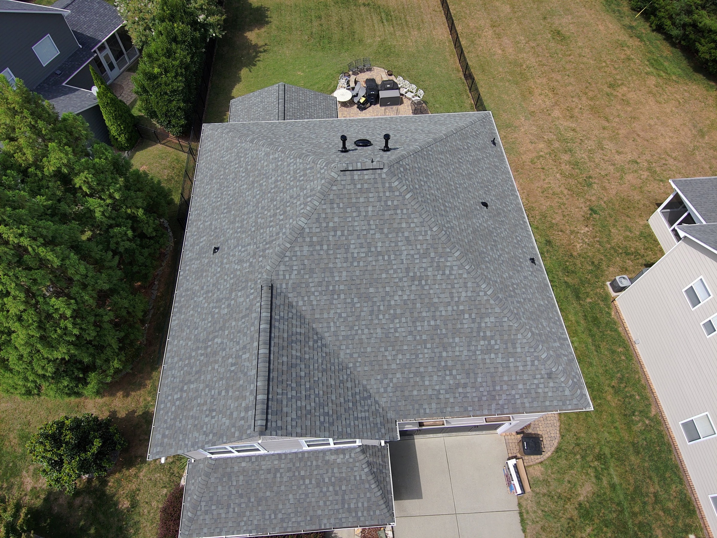 Aerial view of a completed residential roof