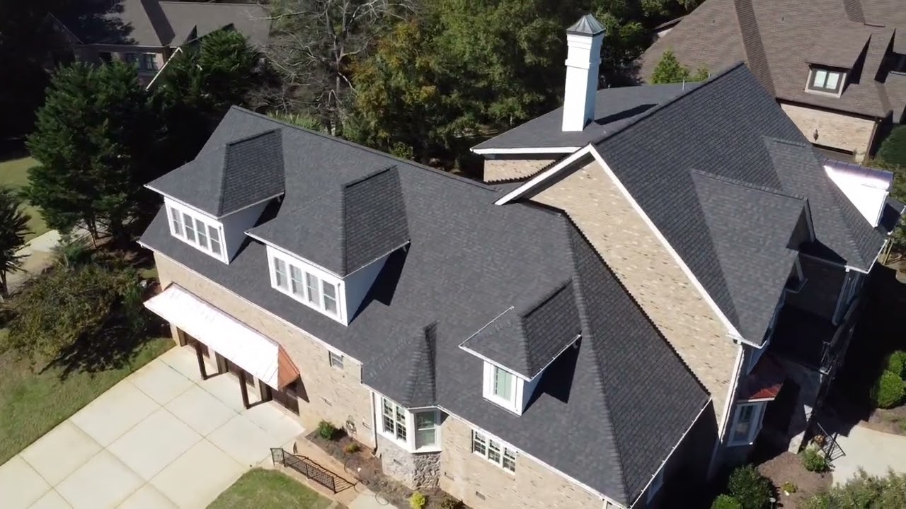 Drone flyover of a finished Charlotte-area roof